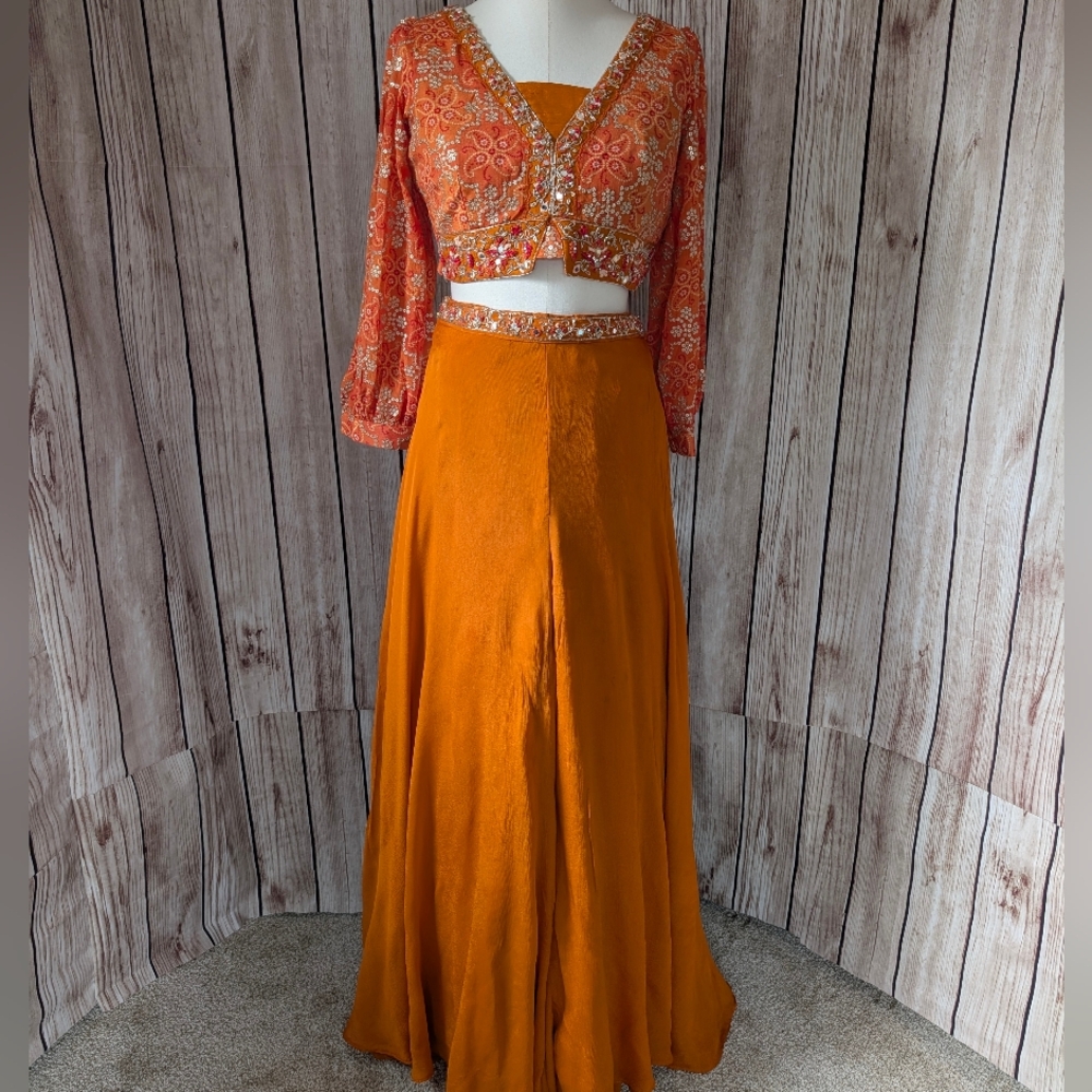 Orange Long Sleeves Crop Top, Palazzo and dupatta Set for Wedding Events - Picture 7 of 16